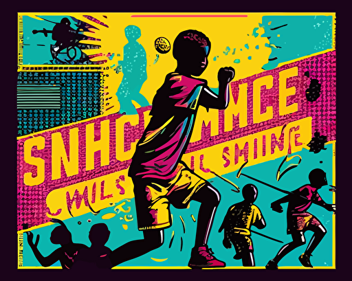 this summer sports camp vector illustration features silhouettes of children playing sports, in the style of light blue and magenta, kehinde wiley, dark yellow and light green, superimposed text, tim holtz, dark orange and white, sparklecore