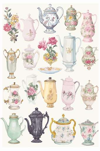 resoulution300, cmyk, sticker sheet of different types of antique tea pot set, flowers, soft pastel color, antique style, white background, hd, gouache, notoverlapeachother,only6imagesperonesheet, whitevector