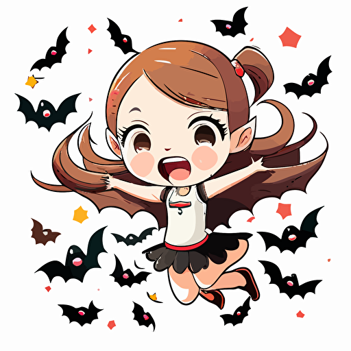 cute girl vampire with fangs and small cute bats flying around her, kawaii, white background, vector art