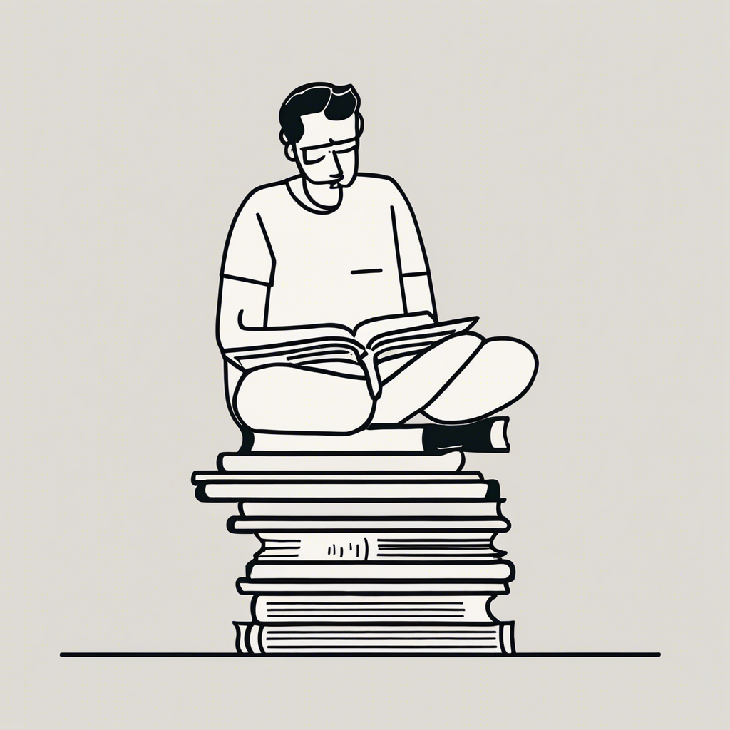 a person sitting on books, illustration in the style of Matt Blease, illustration, flat, simple, vector