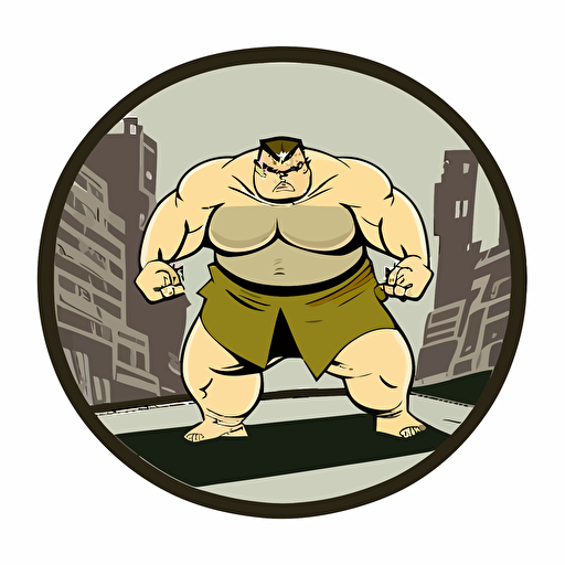 ogre in a sumo match, in bad part of city, vector logo, vector art, emblem, simple cartoon, 2d, no text, white background