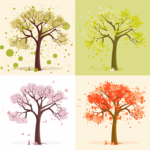 Vector set illustration of a tree in 4 seasons. Spring, summer, autumn, winter