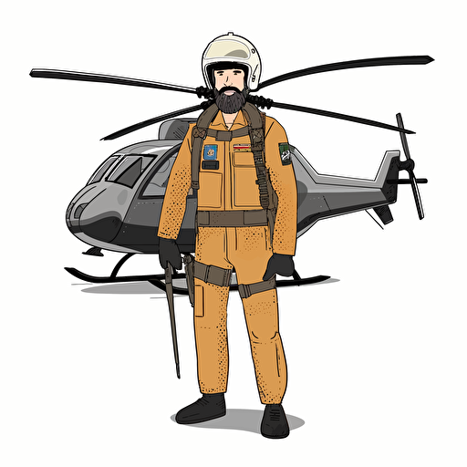 man with beard in a helicopter uniform and wearing a helmet standing in front of a helicopter. vector. white background. no background