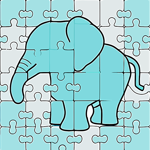 Create simple and elegant vector logo 2D baby elephant in aquamarine blue color, divided inside the outline into puzzle tiles, leaving one tile outside the elephant