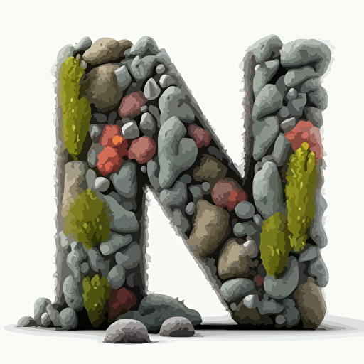 lower case letter N made from pumice and basalt rocks, colorful vector