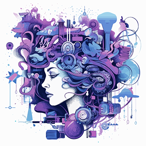 brainstorming illustration, vector style, blues and purples