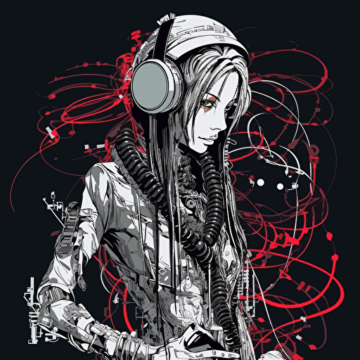 cybergoth dj cyborg attached to 20 cables, mixing the music expertly, japanese cybergoth style, design, 2d, vector