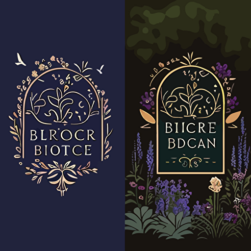 Create a logo for a boutique garden design agency specializing in small, magical gardens. The design should feature a small door or archway opening into a secret garden. The design should be a vector and should be versatile enough to be used anywhere. Add subtle, illustrative details around the door, such as vines, sprigs of thyme or lavender, or little bees and birds.