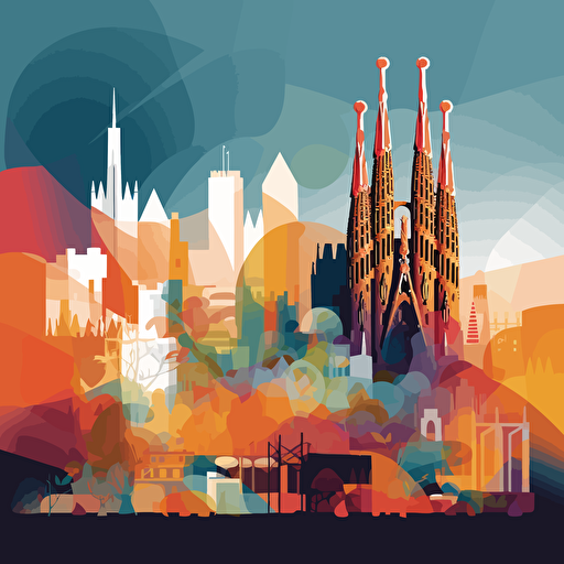 generation of an illustration for the cover of a book showing the city of Barcelona, with the Sagrada Familia, the Christ the Redeemer of Rio de Janeiro in the background, half of the illustration with light colours and the other half with dark colours, vectorial design style