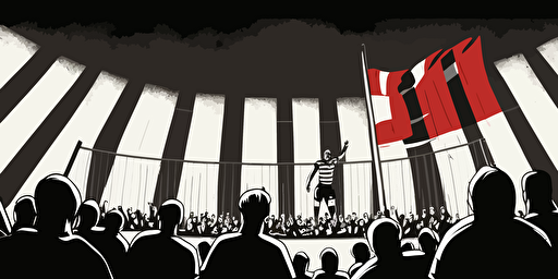 Shooting scene in front of the goalpost at a football stadium where the crowd cheers, Red Black and white, Vector and oil paint poster art,