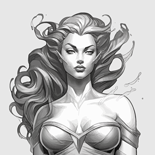 a water inspired ancient clever superhero girl bust, digital illustration, minimalism, concept art, vector draw, black and white, coloring page, outline only, powefull