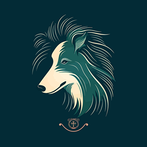 A vector logo of a Collie for a dog grooming business, simple, memorable, competent, reliable, hard-working, successful, intelligent, blue, dark green