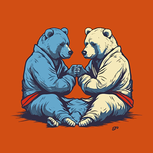 Two Bears jiu jitsu on the ground, vector animation illustration, 4 colors limit, solid background, high resolution
