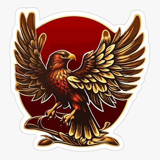 a vector cartoonish image of a gold falcon heraldry on a red sticker, transparent background sticker