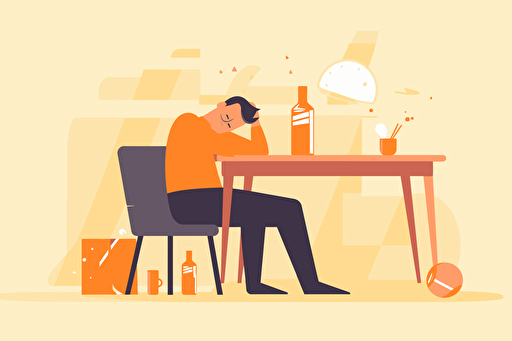 Person in an office passed out drunk in their chair, empty bottle of alcohol, flat style illustration for business ideas, flat design vector, industrial, light and magical, high resolution, entrepreneur, colored cartoon style, light orange and dark orange, cad( computer aided design) , white background