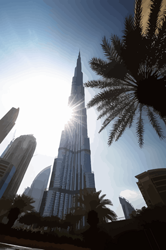 burj khalifa dubai, vector art, wistful, 1960s, shiny, reflective sun,