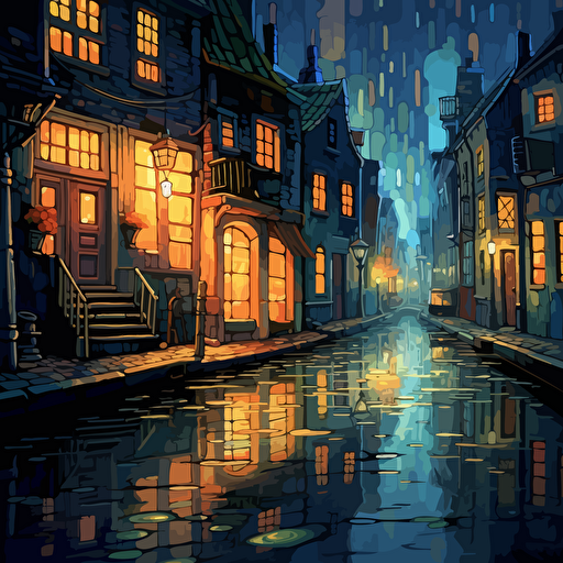 If you die, you start over again And everything will repeat, as of old: Night, icy ripples of the channel, Pharmacy, street, lamp :: vector cartoon style ar 3:2