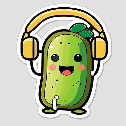 sticker, happy colorful pickle wearing headphones, kawaii, contour, vector, white background s 1000