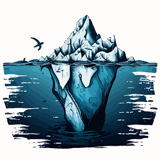 an iceberg floating in big blue water, in the style of back and white vector and doodle