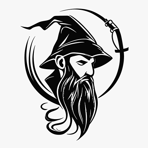 minimalistic iconic logo of jolly wizard wearing headphones, black vector, on white background