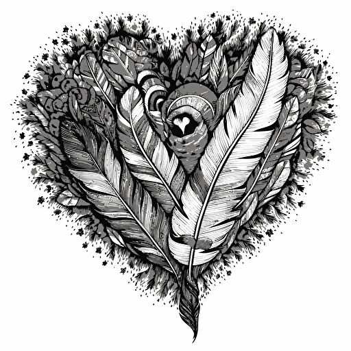 a feather plume made with hearts that is a simple black and white vector line drawn so I can color later