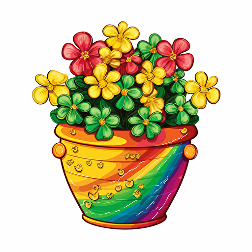 rainbow pot of gold, flowers, detailed, cartoon style, 2d clipart vector, creative and imaginative, hd, white background