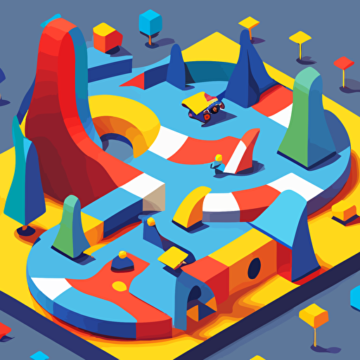 flat vector illustrator of a skatepark in tokio, blue, yellowe and red colors