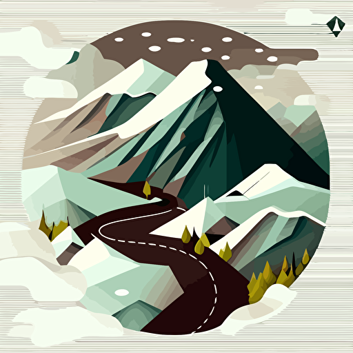 vector illustration, minimalistic, mountain road, tundra, snow, trees, map, view from above