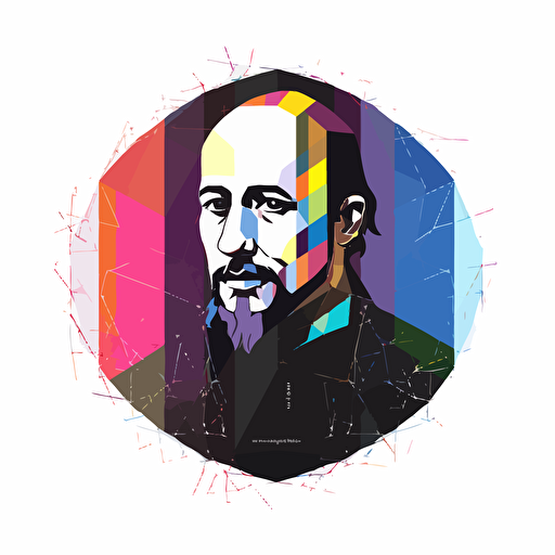 2D vector William Shakespeare in minimalism cyberpunk style. Colors: FB6B00 and 000000. Background white