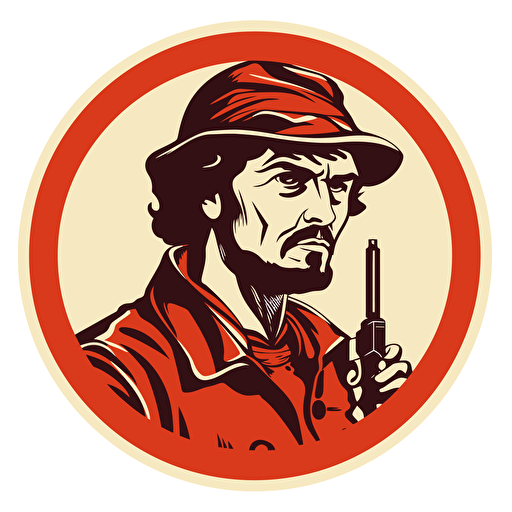 vector round sticker italian communist man 70's with revolver stylized
