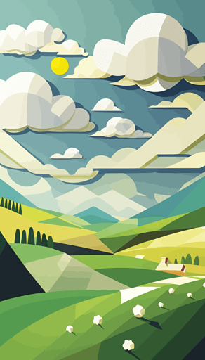 Vector Landscape Digital Art Sun Clouds Rolling hills Flat 2D 5K