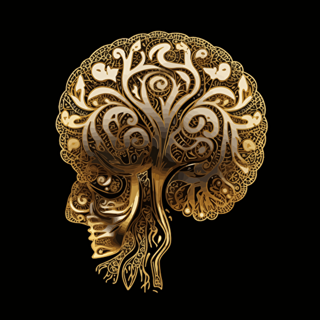 a brain, vector art, gold and white color, black background