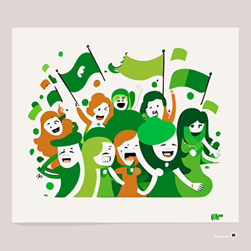 ogo, vectorized, people showing unity, fiesta, happy, rectangular, green color palette, white background no text