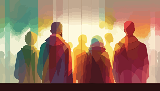 vector art, softly colored animated people, group, praying together, sunny background wide angle with some depth of field