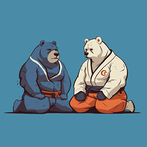 First Bear is layed out flat on the ground. Second Bear is standing slightly kneeling with one knee on First Bear's stomach, Both Bears wearing jiu jitsu clothes,, vector animation illustration, 4 colors limit, solid background, high resolution