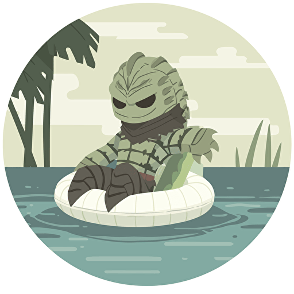 The Creature from the black lagoon Gillman relaxing on a pool float. Vector icon, white background rtx on