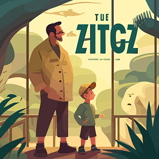 little boy visiting zoo with his father, zoomed out, modern clothes, children's book cover, 2d, cartoon style, vector, disney style