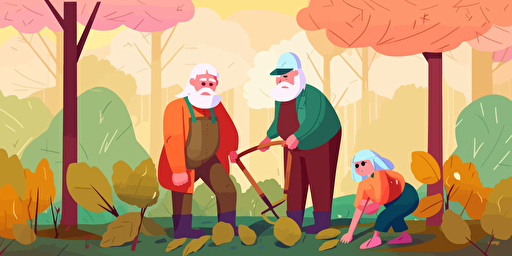 A white-haired old man and 2 young female Gardeners planting trees together. 2D, vector illustration, bright colors. Drawing using AI.