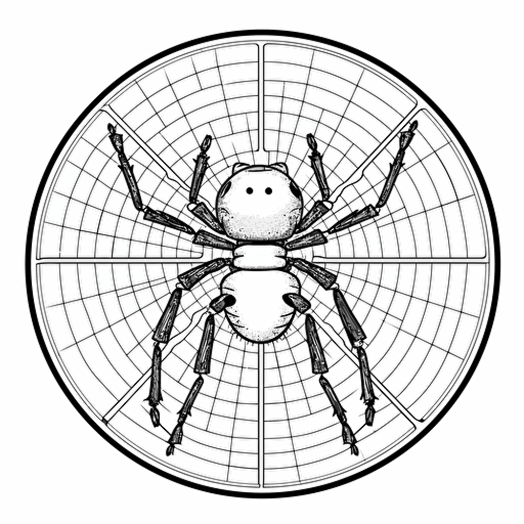 a logo image of an araneus spider on a tennis racket, black and white, vector, 2d