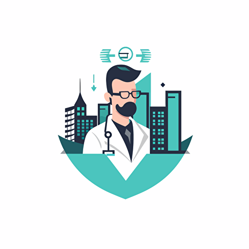 simple logo for doctor with skyscraper, vector flat, PNG, SVG, flat shading, solid white background, mascot, logo, vector illustration, masterwork, 2D, simple, illustrator