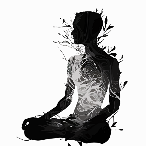 Meditation, black colours, Digital art, Contour, Vector, White Background, Minimal