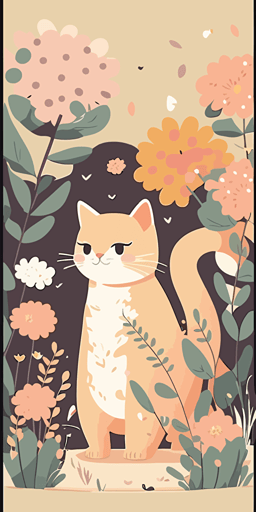 flat vector illustration of a kitty in a pink dress among flowers, in the style of minimalist backgrounds, beige, animation, bunnycore, hallyu, cute and colorful, ferrania p30