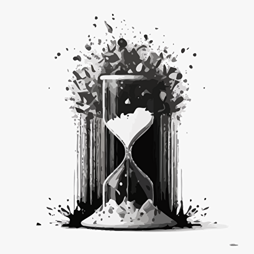 sketch of sand clock exploding in thousand of pieces, simplistic, black and white, flat, vector