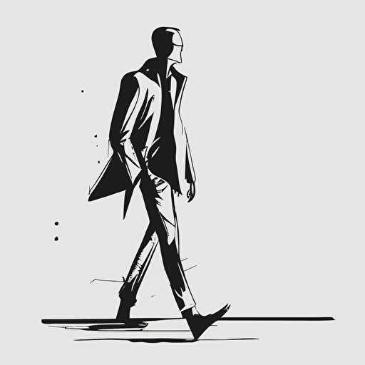 /an illustration of a men with long legs , disproportionate to his body, walking sideways, black and white. outline, vector, imprefeect stroke. modern, cool, creative