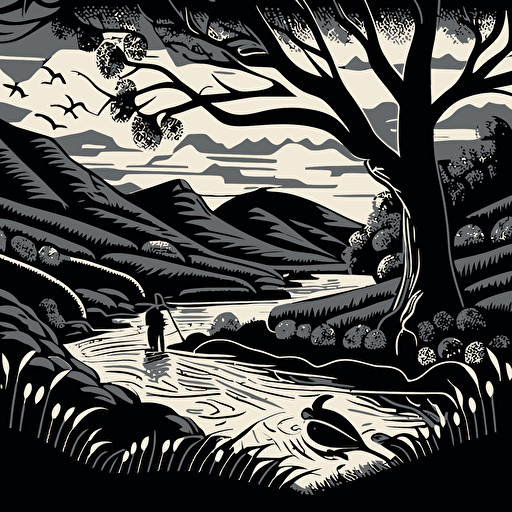 a man fly fishing in a dramatic british coutryside scene in the style of a simple woodcut vectorised illustration, simple detail with lots of white