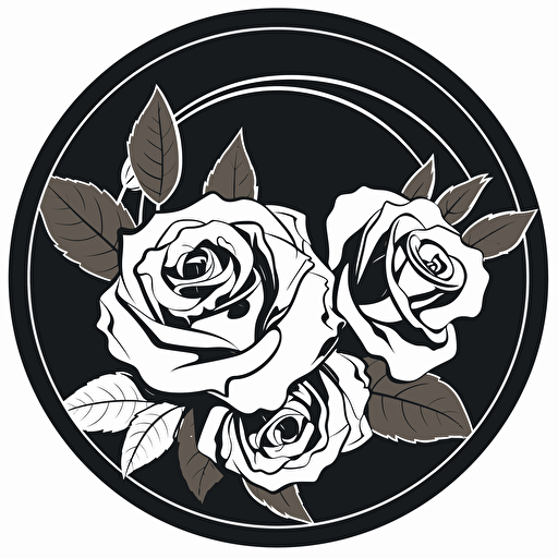 a simple wedding logo, black an white, shall contain roses, two wedding bands, no grey shades, vector art, shall be circular, flat