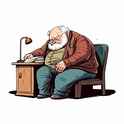 a chubby old professor sitting fast asleep, snoring, as a detailed vector image