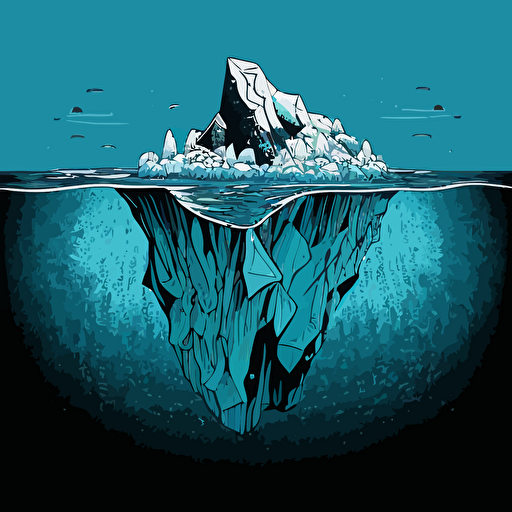 an iceberg floating in big blue water, in the style of back and white vector and doodle
