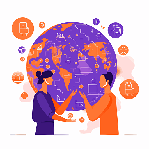 flat modern vector image of the concept of personalized language program, complemenatry colours, bright orange and purple, high resolution, white background, creative visualization, detailed