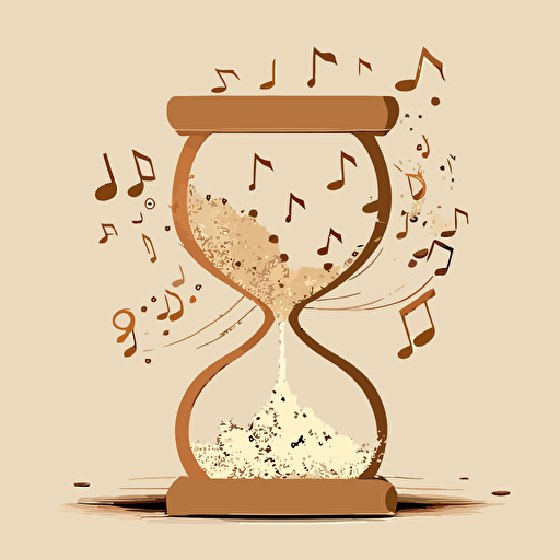 sketch of sand clock exploding in the middle floating musical notes, simplistic, flat, vector